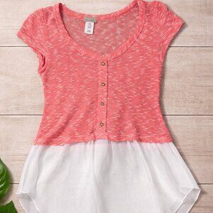 Fashion Magazine Womens L Coral Knit Tunic‎ Top Chiffon Hi Low Hem Boho